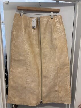 H&M Cream Faux Leather Midi Skirt with Center Zip